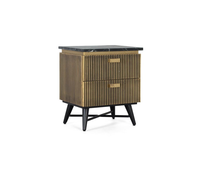 GINER Y COLOMER - Table de chevet 2 tiroirs artisanale en bois de manguier et marbre avec finition bronze - 50x40x60 cm